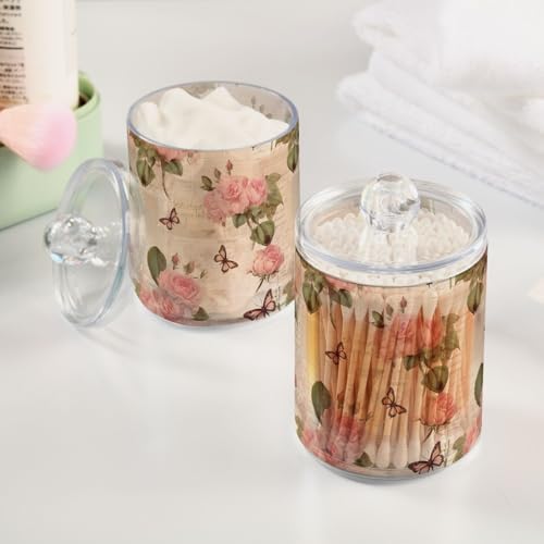 4 Pack Qtip Holder Dispenser with Lids - Vintage Paper Roses Butterfly Plastic Storage Containers - Bathroom Canisters Organizer for Cotton Swab, Cotton Round Pads, Floss 21215190