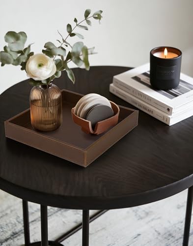 HofferRuffer Faux Leather Vanity Tray, Elegant Desktop Storage Organizer, Decorative Catchall for Perfume, Bathroom Valet, Nightstand or Dresser, 10 x 10 x 1.8 inches (Brown)