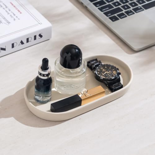 Matte Beige Round Soap Dispenser Tray - 8'' Ceramic Vanity Tray for Bathroom Decorative, Jewelry Ring Dish, Comestic Holder, Kitchen Sink Countertop Organizer Plate