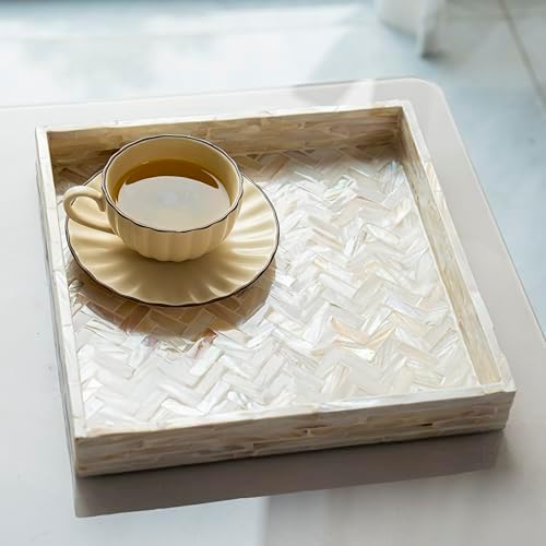 PEMAR 11" Square Mother of Pearl Decorative Tray - Herringbone Shell