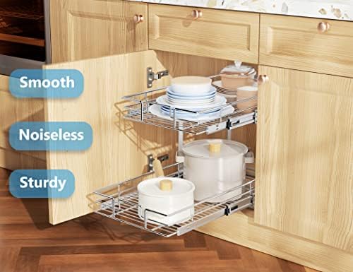 LOVMOR Individual Pull Out Cabinet Organizer, 2 Tier Slide Out Cabinet Drawers, Pots and Pans Organizer and Storage Pantry Shelf for Kitchen (14" W x 18" D)
