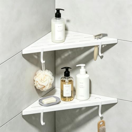 Corner Shower Shelves, 10" white 304 Stainless Steel Recessed Shelf for Bathroom，With silicone soap dish and razor holder，Grout in Shelf with Hooks for Tiled Wall 2 Pack(white)
