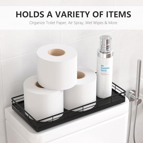 Toilet Paper Basket Organizer, Oak Wood Toilet Tank Tray with Metal Frame