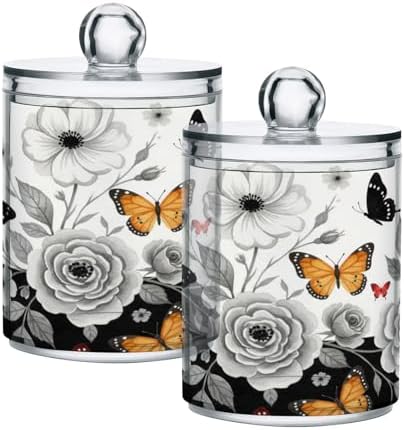 MNSRUU 2 Pack Qtip Holder Organizer Dispenser Grey Butterfly Bathroom Storage Canister Cotton Ball Holder Bathroom Containers for Cotton Swabs/Pads/Floss