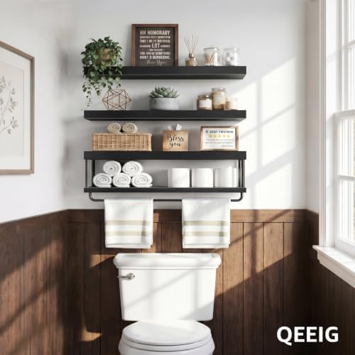 QEEIG Long Bathroom Floating Shelves Over Toilet (Black, Set of 3, 31.5")