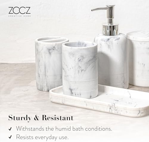 ZCCZ White Marble Bathroom Accessories Set 6 Pieces - Toothbrush Holder, Lotion Dispenser, Qtip Container, Vanity Tray, Tumbler - Countertop Organizer for Bathrooms - Elegant and Functional Décor Set