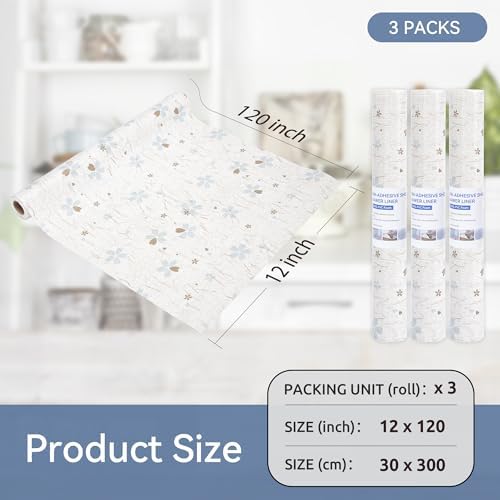 FIFTY FEET 12"x120" Non-Adhesive Shelf Liner for Kitchen Cabinets and Drawers, Washable Non-Slip PVC Cabinet Liner (White Floral)(3 Roll)