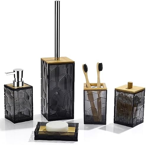 GAHEFY Black Grey Bathroom Accessories Set, Toothbrush Holder, Soap Dispenser, Cotton Swabs Holder, Soap Dish, Toilet Brush with Holder, Black Bamboo Bathroom Decor,Acrylic