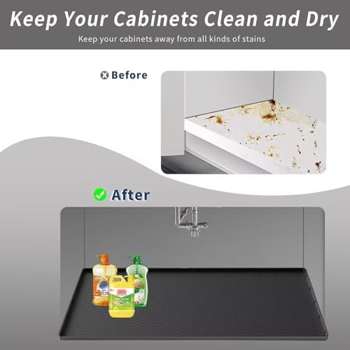 Under Kitchen Sink Mat 28" x 19", SAZTEAY Waterproof Silicone Under Sink Tray, Under Sink Protector Mat for Bathroom and Kitchen Cabinets(Black)