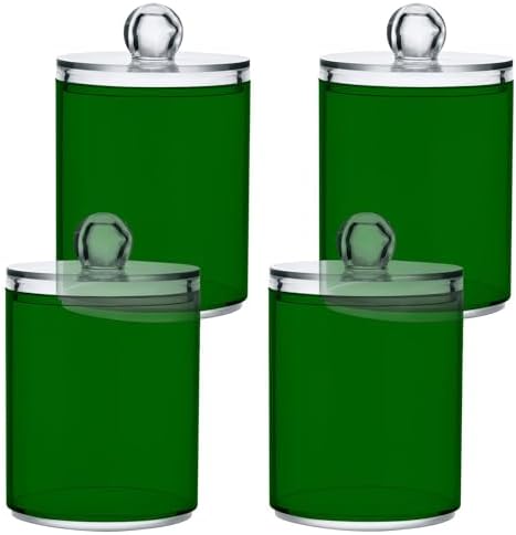 Gredecor 4 Pack Dark Green Qtip Holder Organizer Dispenser Clear Bathroom Storage Canister Cotton Ball Holder Bathroom Containers for Cotton Swabs/Pads/Floss