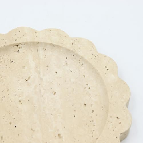 Round Marble Decorative Tray with Scalloped Edge, Luxury Natural Stone Bathroom Vanity Tray, Dresser Top Perfume Coffee Home Kitchen Sink Tray, Key Trinket Ring