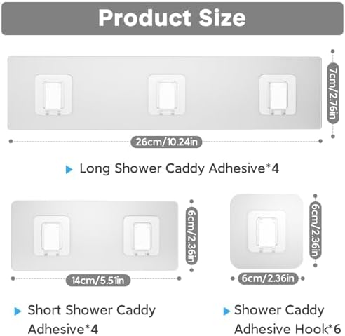 14 Pack Shower Caddy Adhesive Replacement, Waterproof Shower Shelf Adhesive Strips, Strong Adhesive Flat Hooks for Bathroom Storage Shelves and Kitchen Racks No Drilling, Clear