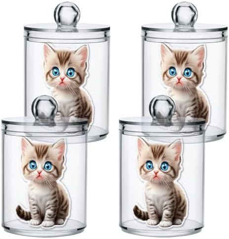 2 Pack Plastic Qtips Holder Cat Animal Cute Bathroom Organizer Canisters for Cotton Balls/Swabs/Pads/Floss,Plastic Apothecary Jars for Vanity