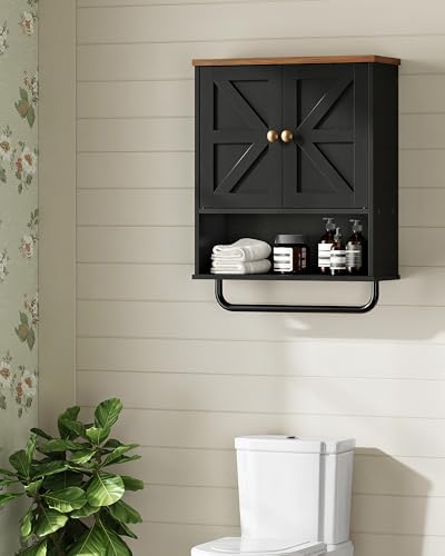 CHOEZON Bathroom Wall Cabinet, Medicine Cabinet with Open Partition and Towel Bar, Rustic Storage Cabinet with Open and Hidden Storage Space, for Bathroom, Living Room, Kitchen, Black and Walnut