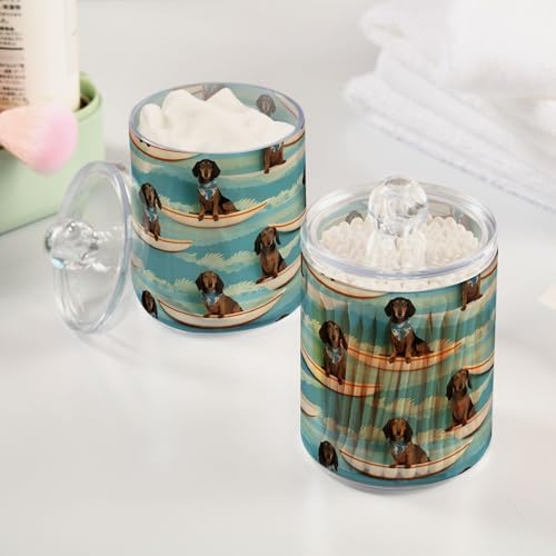 4 Pack Dachshunds on Surfboards Qtip Dispenser 10 Oz Clear Apothecary Plastic Jars Bathroom Canister for Cotton Pads, Cotton Ball, Cotton Swabs, Floss Picks