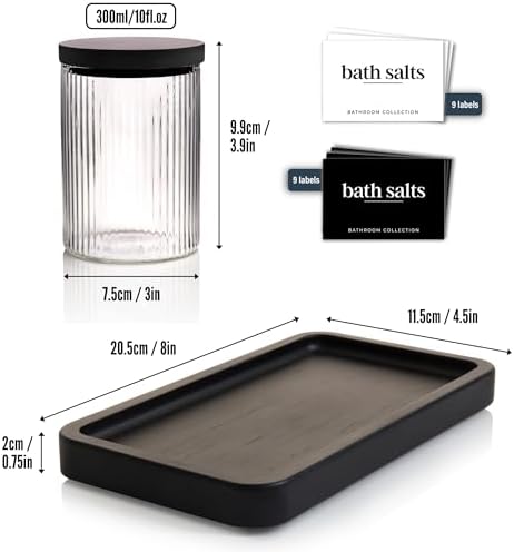Mason & Fable Ribbed Glass Bathroom Jars & Tray Set | 10 fl oz, Set of 2 Storage Canister with Airtight Black Bamboo Lids | Cotton Pad/Swab/Q tip Holder/Bath Salt/Clear Vanity Apothecary Organizer