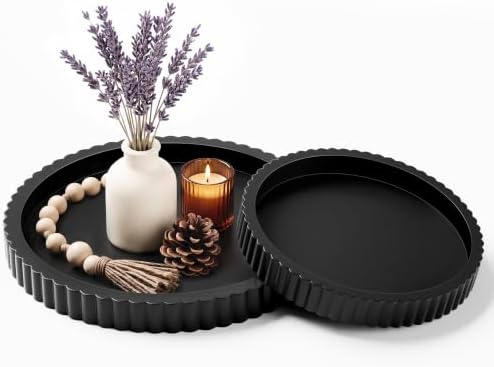 FGU 2 Pack Round Wood Decorative Trays for Coffee Table Decor, Black