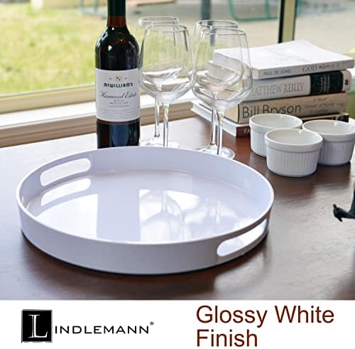 White Serving Tray Large Melamine Platter Round Breakfast Trays with Handles for Coffee Table Ottoman Living Room Home Décor Holiday Celebration & Party (13.5")