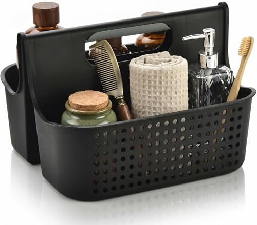 Haundry Portable Shower Caddy Basket, 2 Compartments Plastic Cleaning Caddy Organizer, Large Storage Tote with Handle for Bathroom, College, Dorm Room Essentials, Black