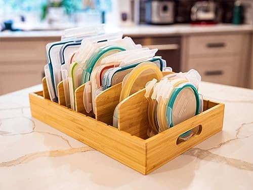 Umilife Extra Large Bamboo Food Container Lid Organizer for Kitchen Cabinet