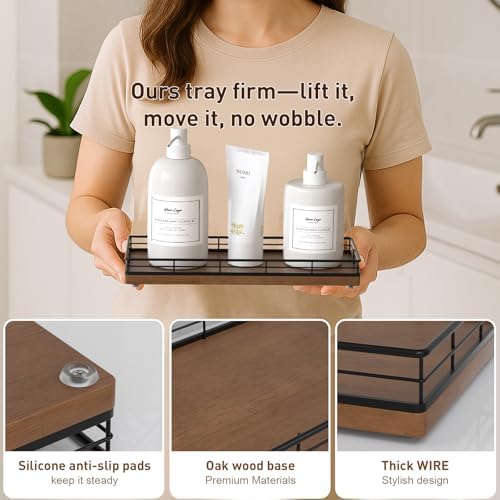 Bathroom Tray for Counter Top Organizer, Oak Wood Vanity Tray (Pack of 2)
