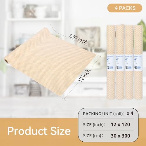 FIFTY FEET 12"x120" Non-Adhesive Shelf Liner for Kitchen Cabinets and Drawers, Washable Non-Slip PVC Cabinet Liner (Yellow Circle)(4 Roll)