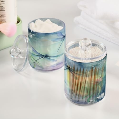 2 Pack Apothecary Jars Bathroom Watercolor Dragonflies Qtip Holder Dispenser Clear Plastic Storage Canister Jar with Lid for Cotton Ball, Cotton Swab