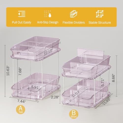 Delamu 2-Tier Under Sink Organizers and Storage, Multi-Purpose Stackable Bathroom Cabinet organizers, Pull Out Kitchen Pantry Organization and Storage with Dividers(2 Pack, Purple)
