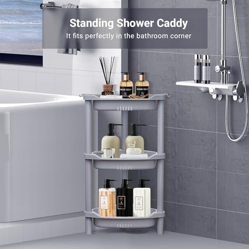 ELYKEN Corner Shower Caddy Standing, 3 Tier Plastic Shower Organizer, Grey