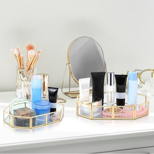 Jetec 3 Pieces Mirror Glass Vanity Tray Gold Ornate Makeup Tray Metal Vintage Octagonal Perfume Dresser Trays for Bedroom Home Decor Dresser Hotel, 3 Sizes