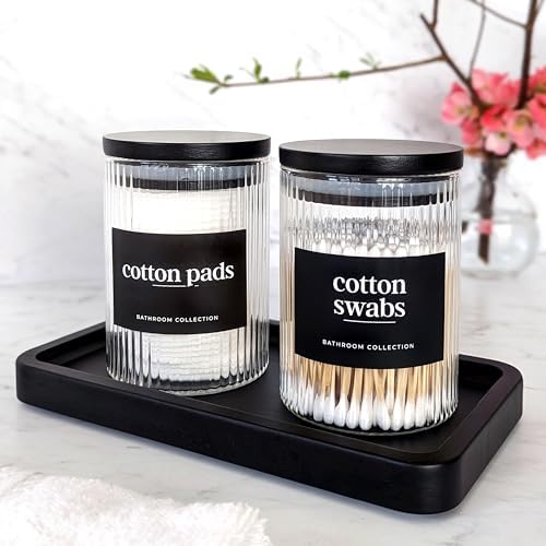 Mason & Fable Ribbed Glass Bathroom Jars with Black Bamboo Lids | Cotton Pad / Swab / Q tip | Bath Salt / Clear Vanity Apothecary Storage Canister Organizer-10fl.oz, Set of 2