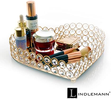 Heart Shaped Decorative Tray Metal Crystal Vanity Trays Glass Mirror Perfume Organiser Makeup Jewelry Trinket Holder for Party & Holiday Home Decoration (Heart, 11in, Gold)
