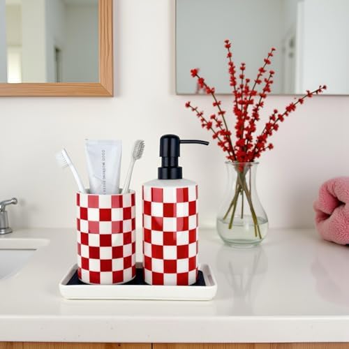Bathroom Toothbrush Holder Set, Ceramic Soap Dispenser and Tooth Brush Holder Set, Bathroom Accessories Sets Countertop, Modern Red and White Checkered Bathroom Decor