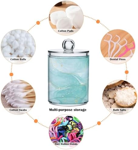 2 Pack Qtip Holder Dispenser Turquoise Marble Bathroom Storage Canister Lid 10 oz Acrylic Plastic Apothecary Jar Set Vanity Makeup Organizer for Cotton Swab/Ball/Round Pads, Floss