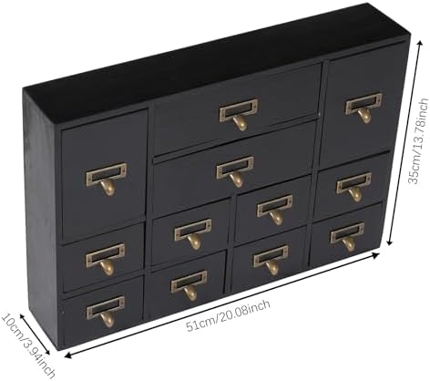 12 Drawers Apothecary Cabinet Library Card Catalog Cabinet Card Catalog Drawer with Metal Handles & Label Slot Wooden Desk Drawer Organizer for Herb Storage, Tea Collection (Black)