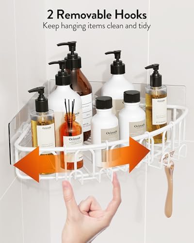 Orimade Corner Shower Caddy with 2 Hooks Wall Mounted Metal Bathroom Shelf Storage Organizer Adhesive No Drilling 2 Pack, White Only for 90-Degree Corner