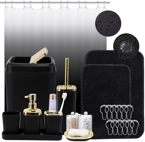 XLHOMO Black Bathroom Set, Bathroom Sets with Shower Curtain and Rugs