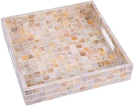PEMAR 10" Mother of Pearl Catchall Tray for Coffee Table, Entryway, Nightstand. Square Serving Tray Wooden Luxury Decorative Handmade Eating Platters w Insert Handles (White Cream Squares Pattern)