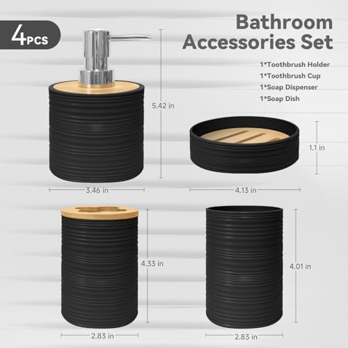 Bathroom Accessories Set 4 PCS, Black Bamboo Bathroom Sets Accessories