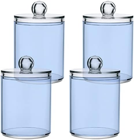 SHJI Light Steel Blue Qtip Holder Organizer Dispenser Cotton Swabs Cans Plastic Jars with Lid Set 2 Pack Bathroom Storage Canister for Cotton Ball Floss Cotton Pads