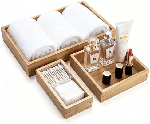 3 Pcs Bamboo Bathroom Tray, Flat Wood Basket Tray, Wooden Shallow Storage Basket, Bamboo Organizer for Bathroom, Living Room, Kitchen Countertop