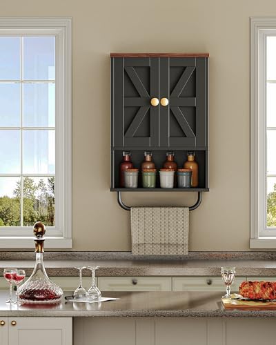 CHOEZON Bathroom Wall Cabinet, Medicine Cabinet with Open Partition and Towel Bar, Rustic Storage Cabinet with Open and Hidden Storage Space, for Bathroom, Living Room, Kitchen, Black and Walnut