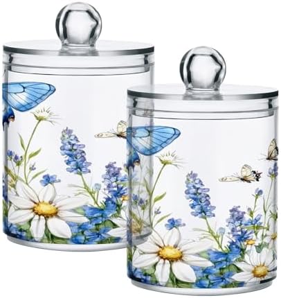 MNSRUU 2 Pack Qtip Holder Organizer Dispenser Spring Wildflowers and Leaf Bathroom Storage Canister Cotton Ball Holder Bathroom Containers for Cotton Swabs/Pads/Floss
