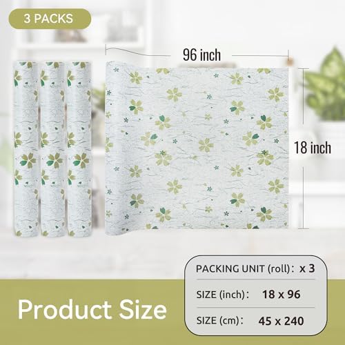 FIFTY FEET 18"x96" Non-Adhesive Shelf Liner for Kitchen Cabinets and Drawers, Washable Non-Slip PVC Cabinet Liner (Green Floral)(3 Roll)