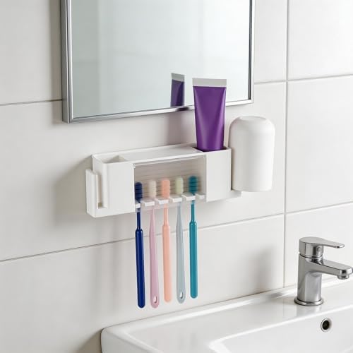 5 Slots Wall Mount Toothbrush Holder with Cover, Self Adhesive Toothbrush Storage Organizer for Shower, Toothpaste & Toothbrush Hanger for Bathroom, Medicine Cabinet, Dorm (White Large)