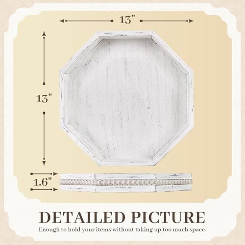 Wooden Decorative Tray, Small Serving Tray with Wood Bead, Farmhouse Big Tray for Ottoman, Countertop, Coffee Tabl, 13" x 13"x 1.6" (Retro White)