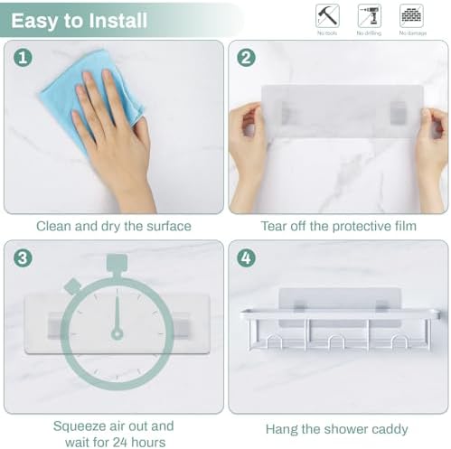 Adhesive Small Wall Shower Caddy Shelves for Inside Shower with Hooks
