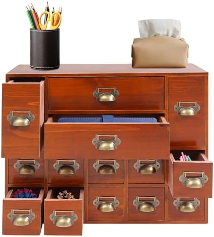 Apothecary Cabinet with 14 Drawers Library Card Catalog Cabinet Card Catalog Drawer with Metal Handles & Label Slot Wooden Desk Drawer Organizer for Herb Storage, Tea Collection (Old Brown)