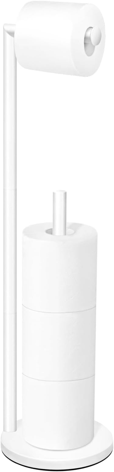 Toilet Paper Holder Stand, Bathroom Free Standing with Storage, White | Rustproof Toilet Paper Roll Holder for 4 Rolls,with Non-Slip Stable Base,Bathroom Organizers and Storage