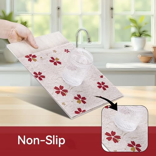 FIFTY FEET 12"x120" Non-Adhesive Shelf Liner for Kitchen Cabinets and Drawers, Washable Non-Slip PVC Cabinet Liner (Red Floral)(10 Roll)